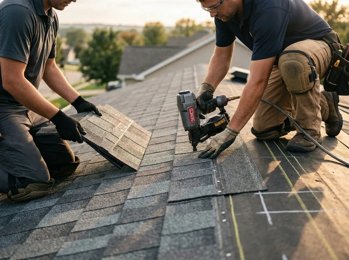 Professional roofer working on a residential roof in Yarmouth